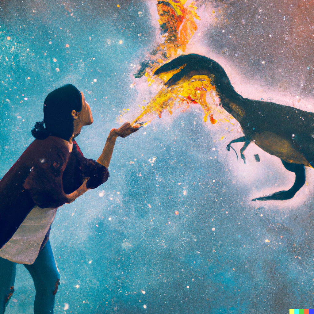 a human training a dinosaur , depicted as an explosion of a nebula